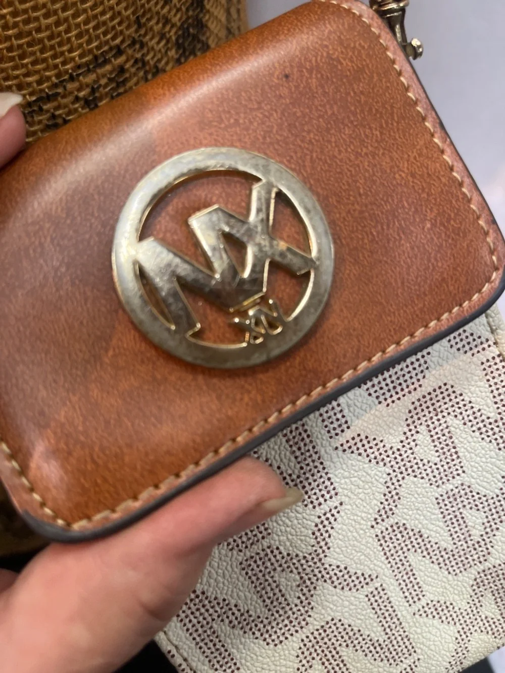 NX Signature Monogram Studded Crossbody wallet Cream Beige Gold Tone mini Purse